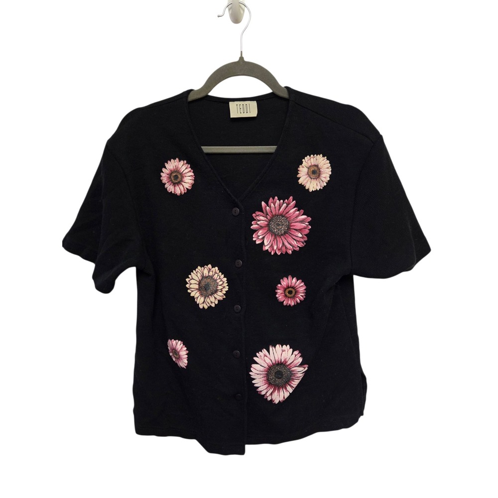 Teddi Vintage 90s Cottagecore Gerber Daisy Black Floral Button Front Cardigan